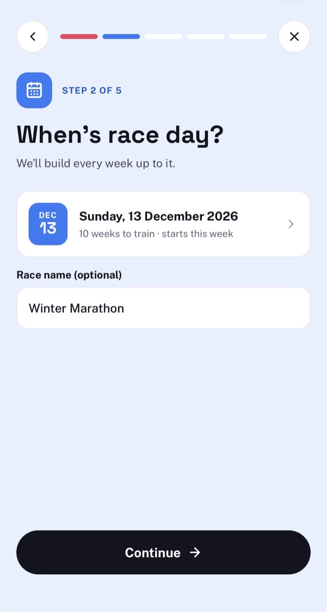 Step 2 of 5: when's race day? Sunday 13 December 2026, ten weeks to train, race name Winter Marathon.