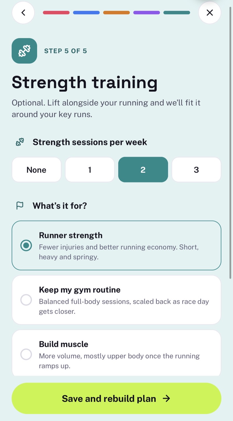 Strength training setup: two sessions a week, with Runner strength selected.